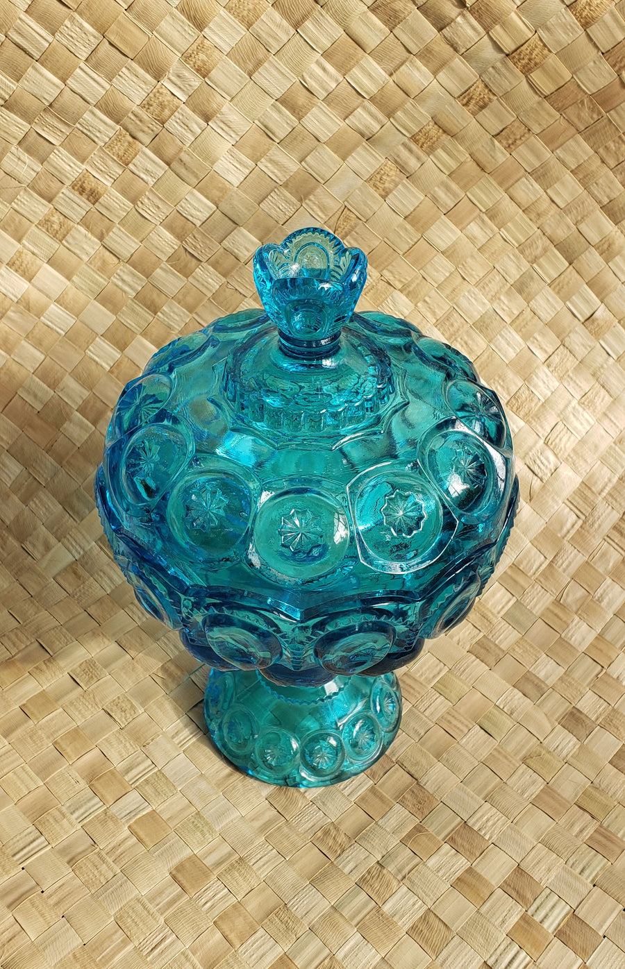 Vintage 70s Teal Covered Footed Candy Bowl