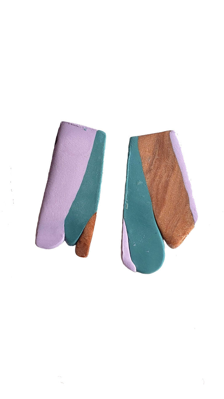 Handmade Scalloped Polymer Clay Earrings - Teal/Purple/Copper