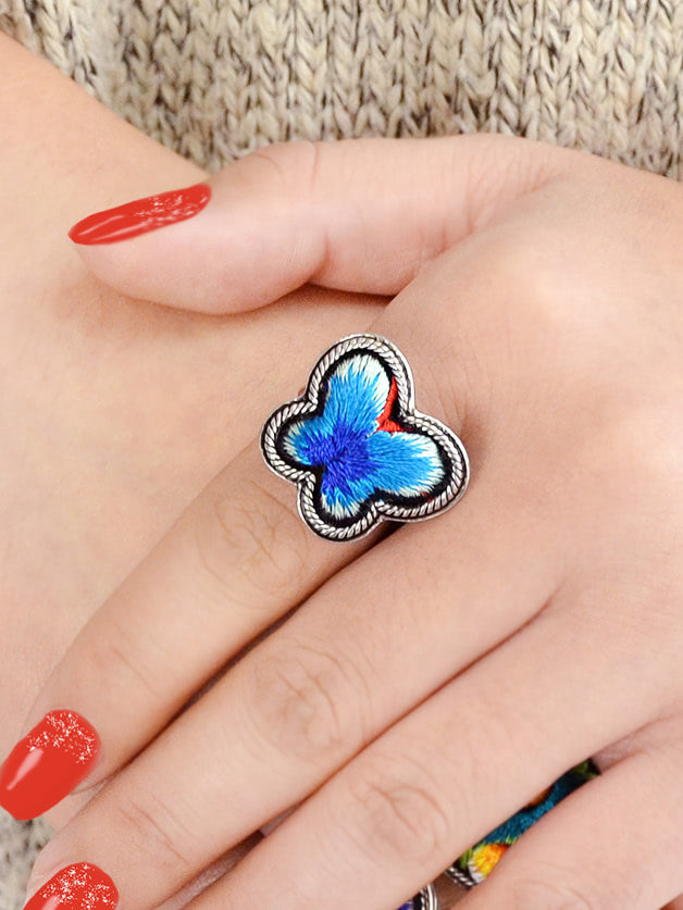 Blue Butterfly Embroidered Ring