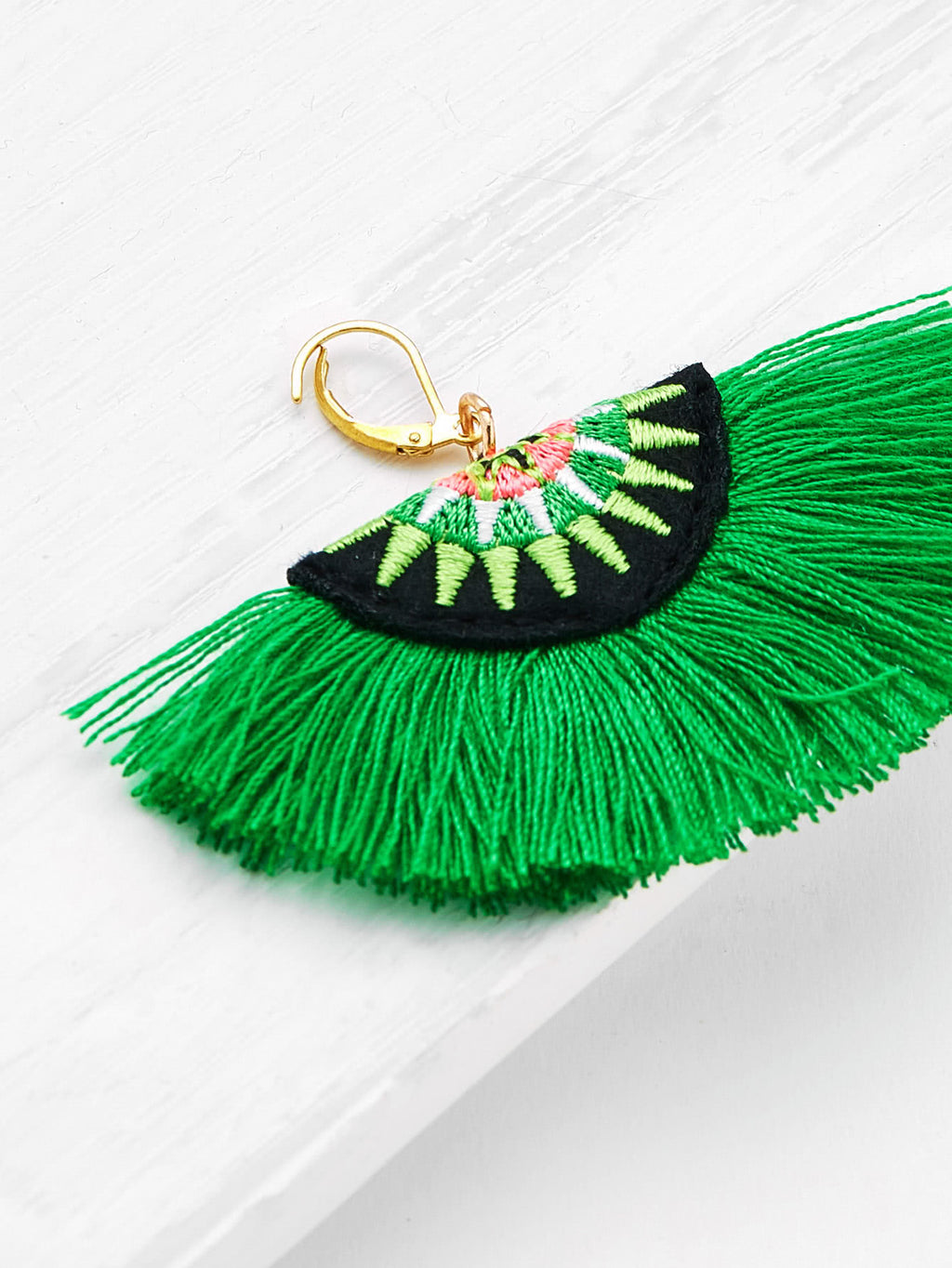 Uchiwa Embroidered Earrings - Kelly Green