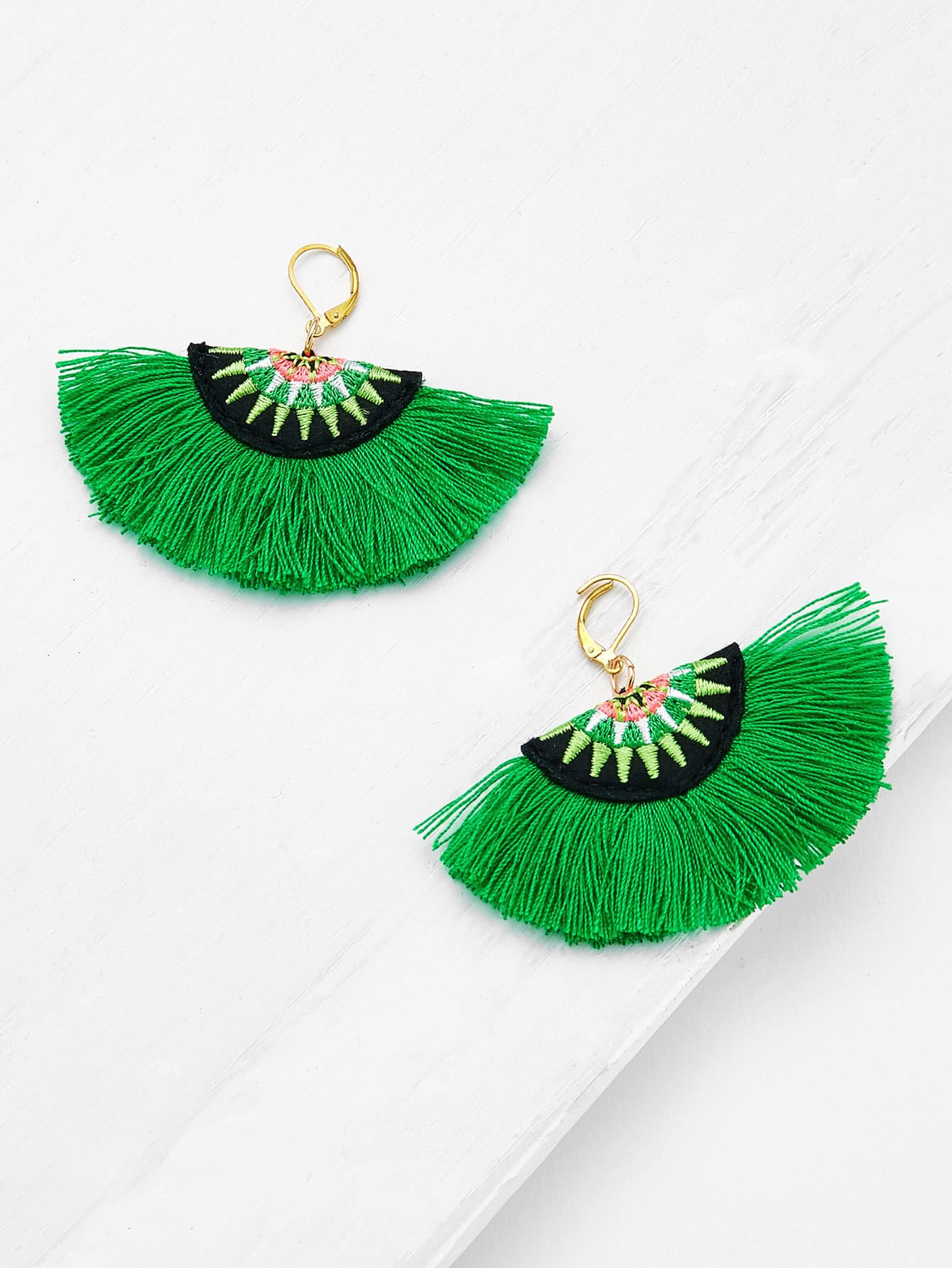 Uchiwa Embroidered Earrings - Kelly Green