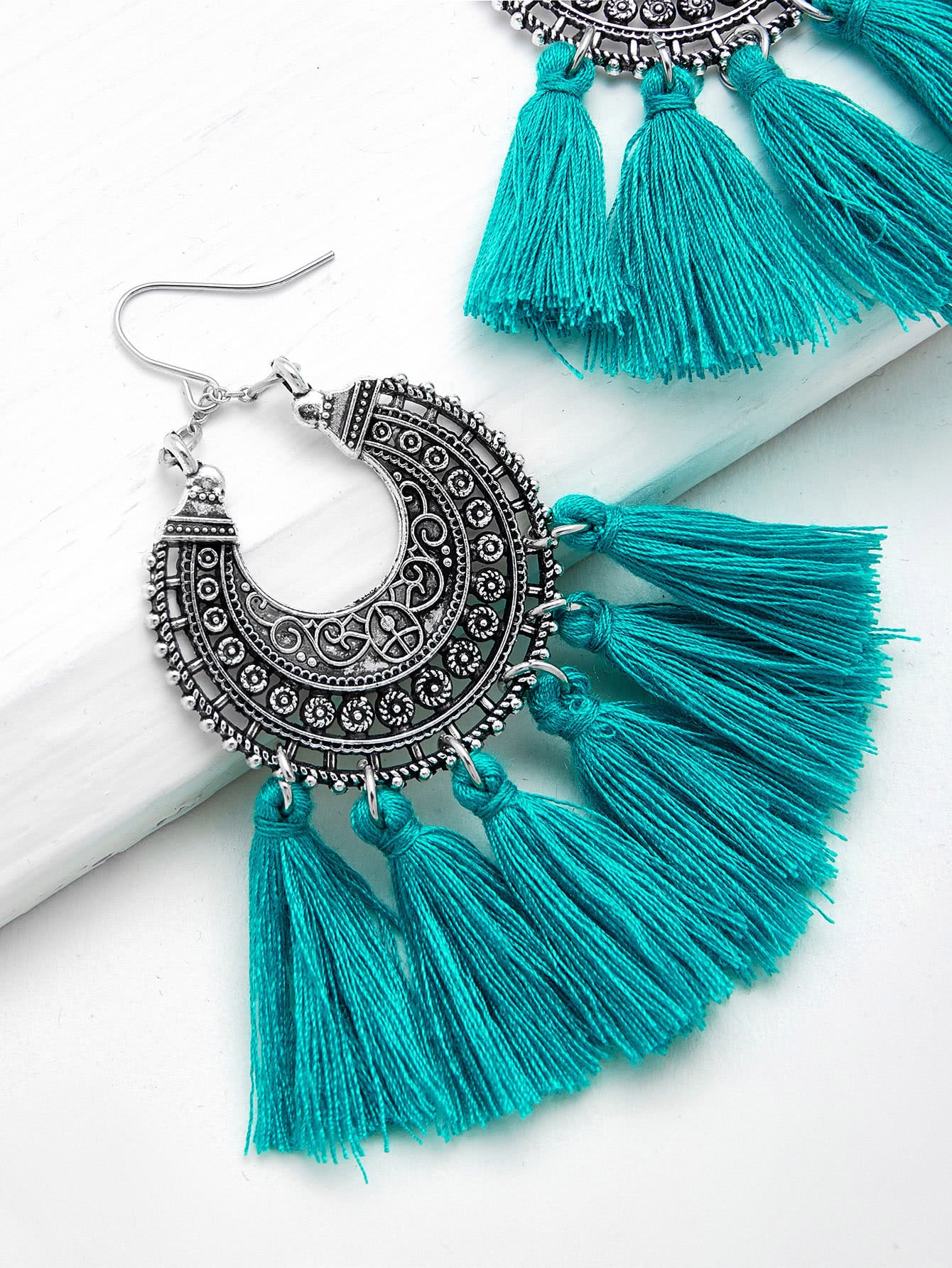 Blue Horizon Etched Earrings w/ Tassels - Silver/Teal