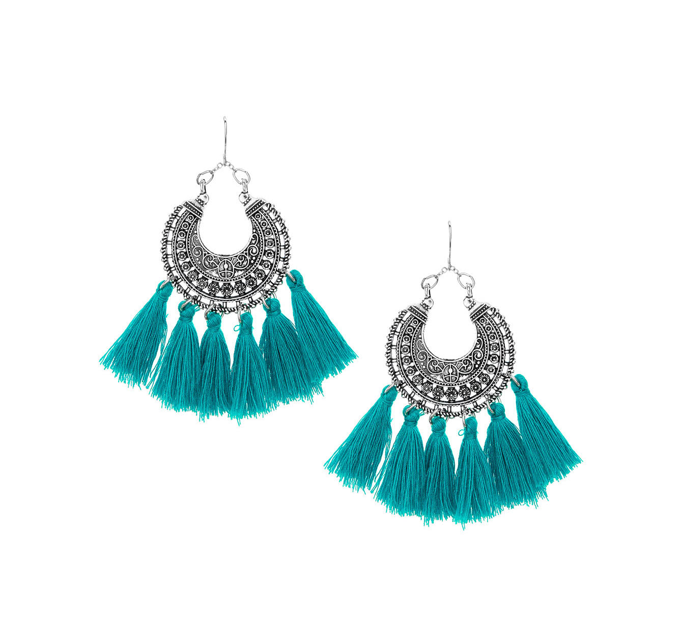 Blue Horizon Etched Earrings w/ Tassels - Silver/Teal