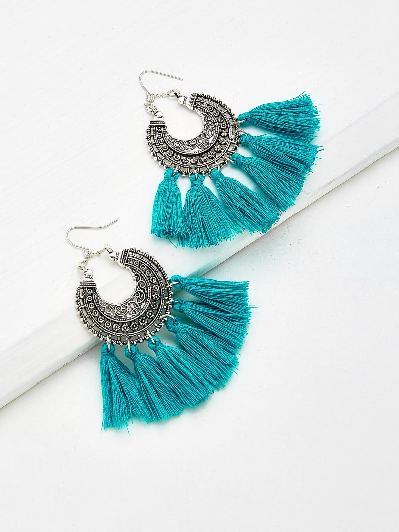 Blue Horizon Etched Earrings w/ Tassels - Silver/Teal