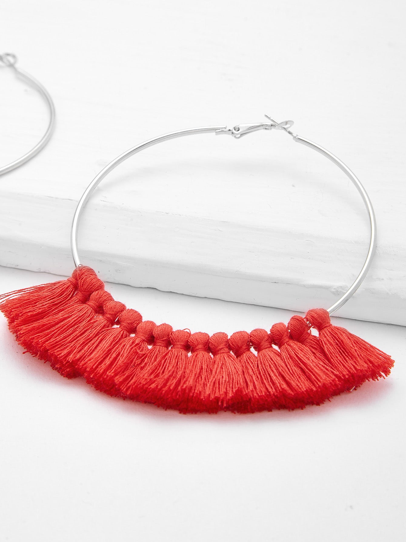 Maasai Jumbo  Hoops w/ Tassels - Silver/Red