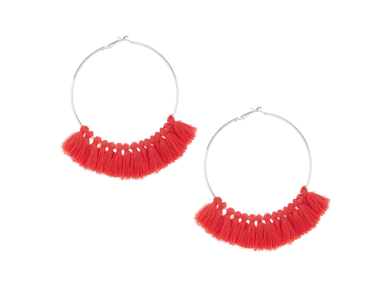 Maasai Jumbo  Hoops w/ Tassels - Silver/Red