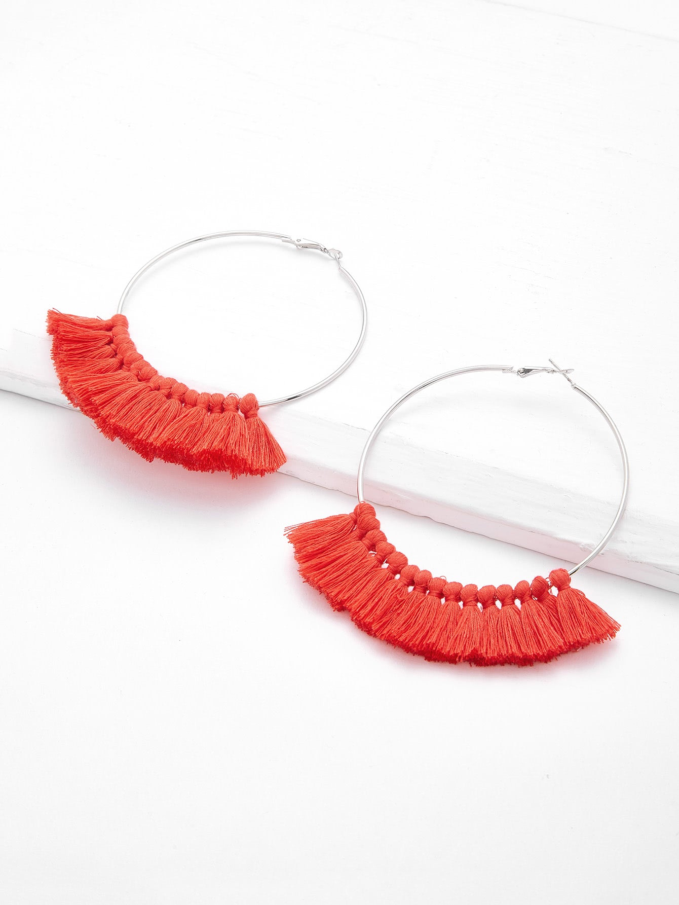 Maasai Jumbo  Hoops w/ Tassels - Silver/Red