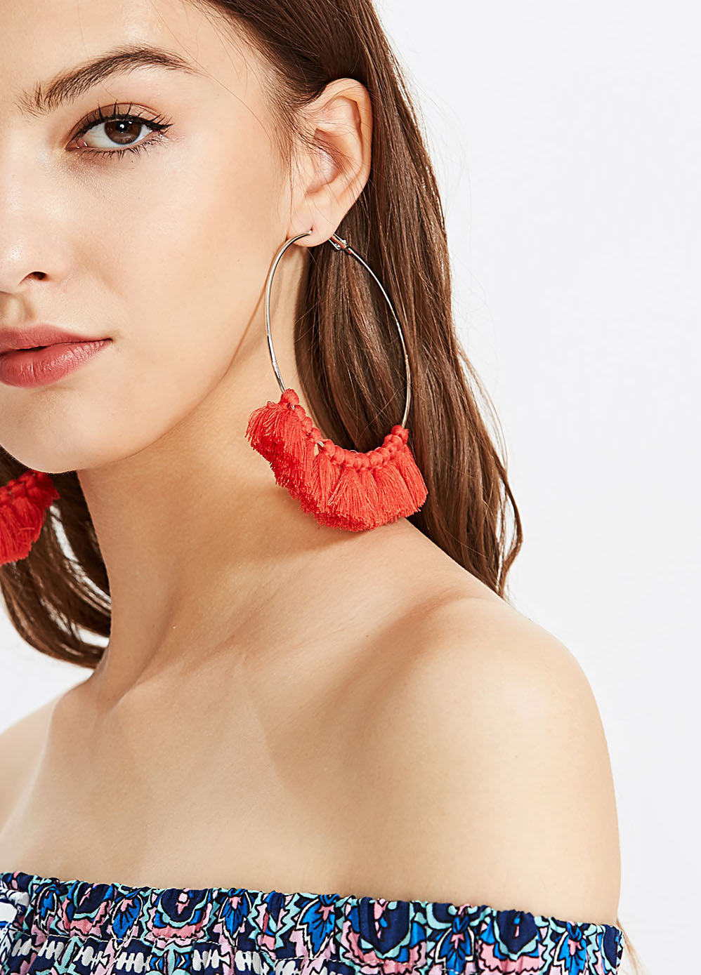 Maasai Jumbo  Hoops w/ Tassels - Silver/Red