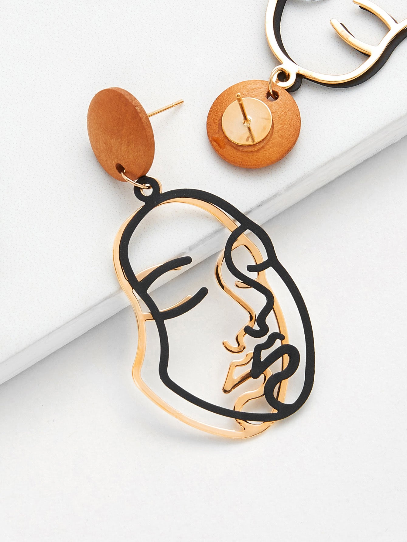 2 Face Wood & Metal Earrings