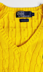 Men's Yellow Polo Cable Knit V-Neck Sweater