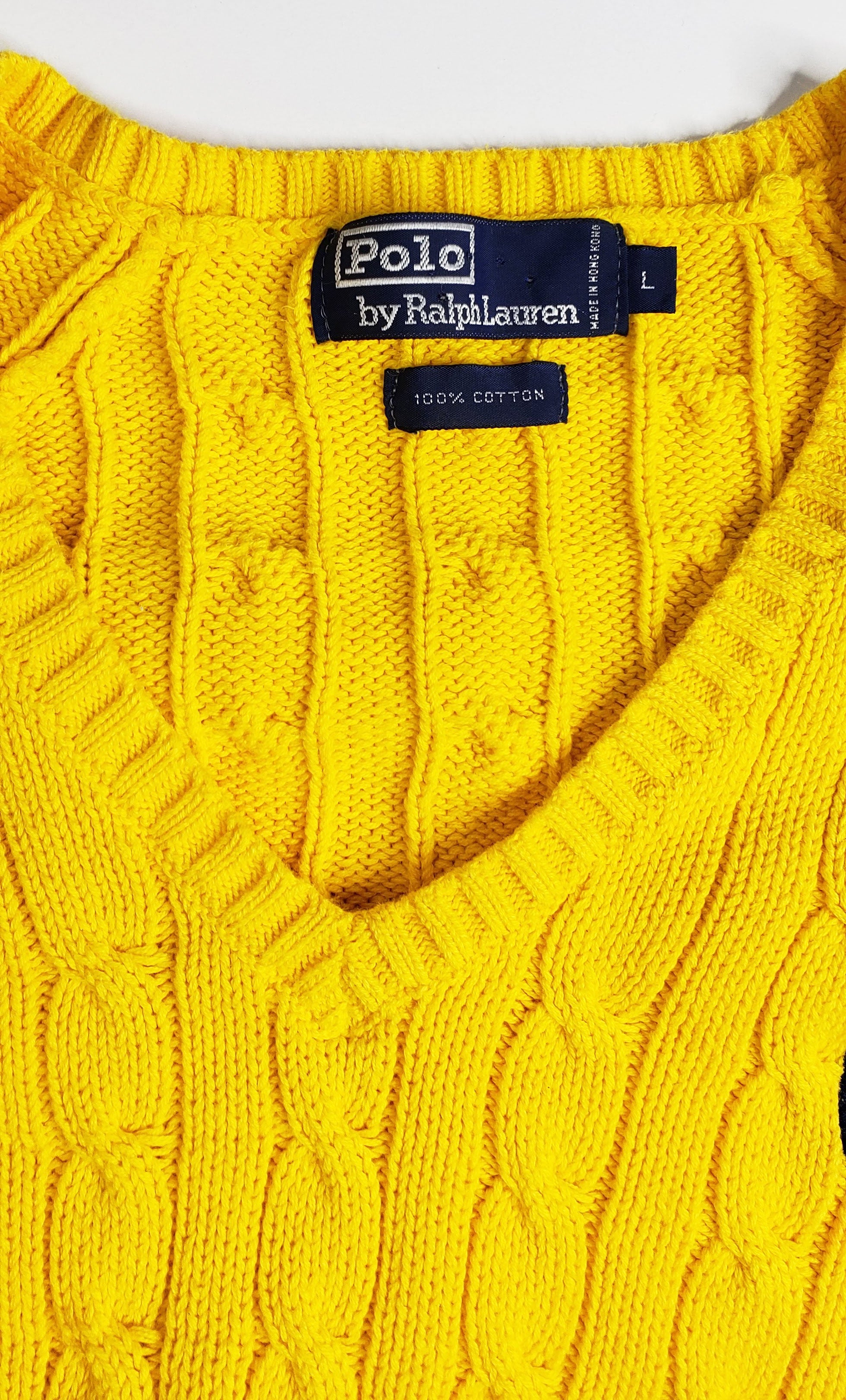 Men's Yellow Polo Cable Knit V-Neck Sweater
