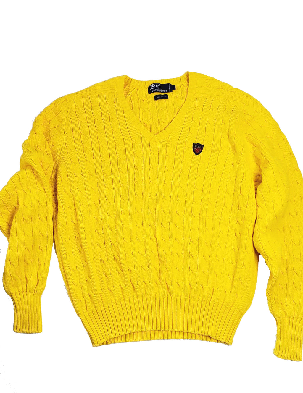 Men's Yellow Polo Cable Knit V-Neck Sweater
