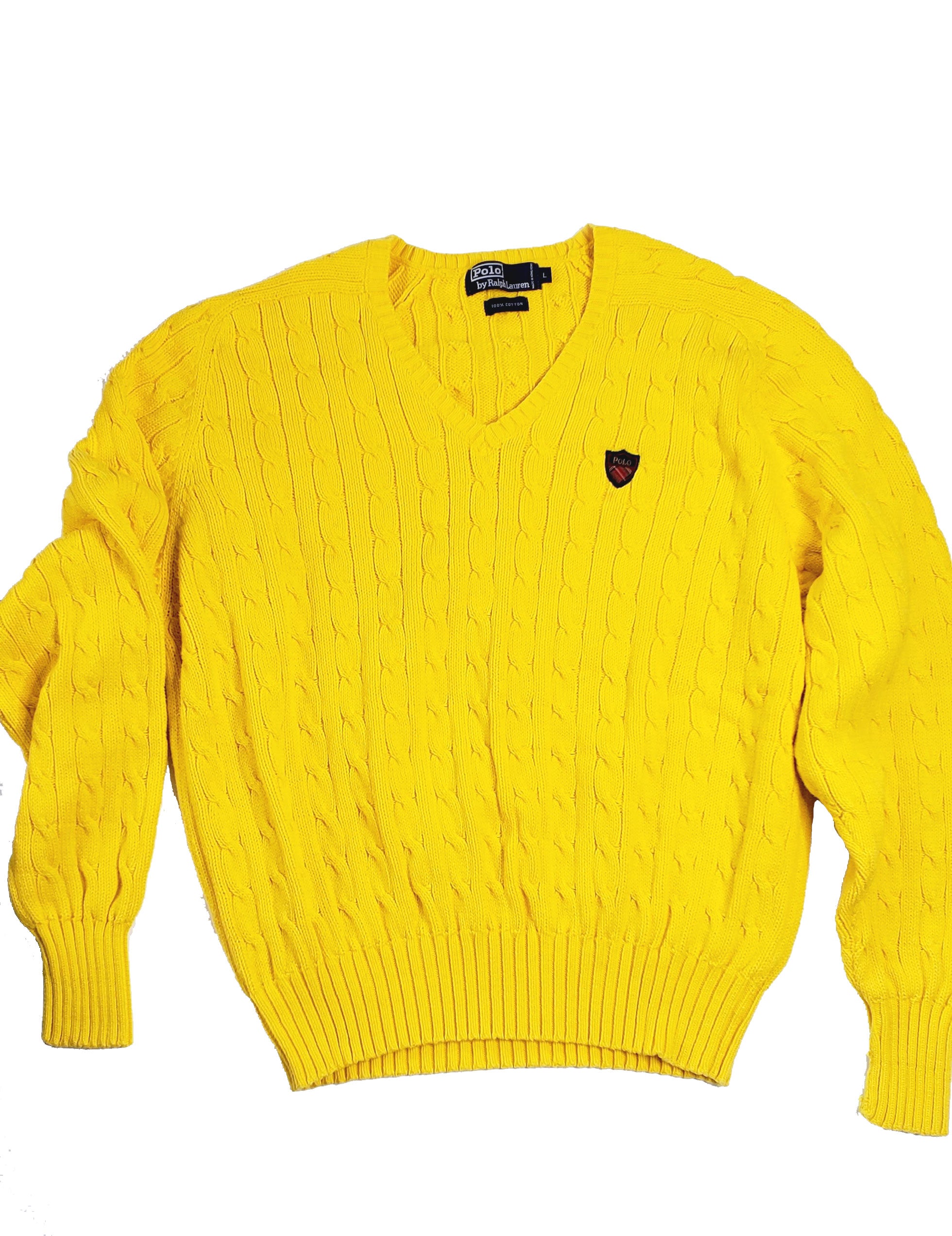 Men's Yellow Polo Cable Knit V-Neck Sweater - Main Image