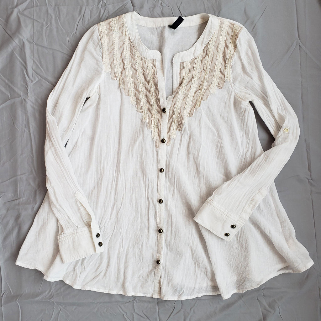 Free People Gauze Lace Trimmed Tunic w/ Brass Buttons