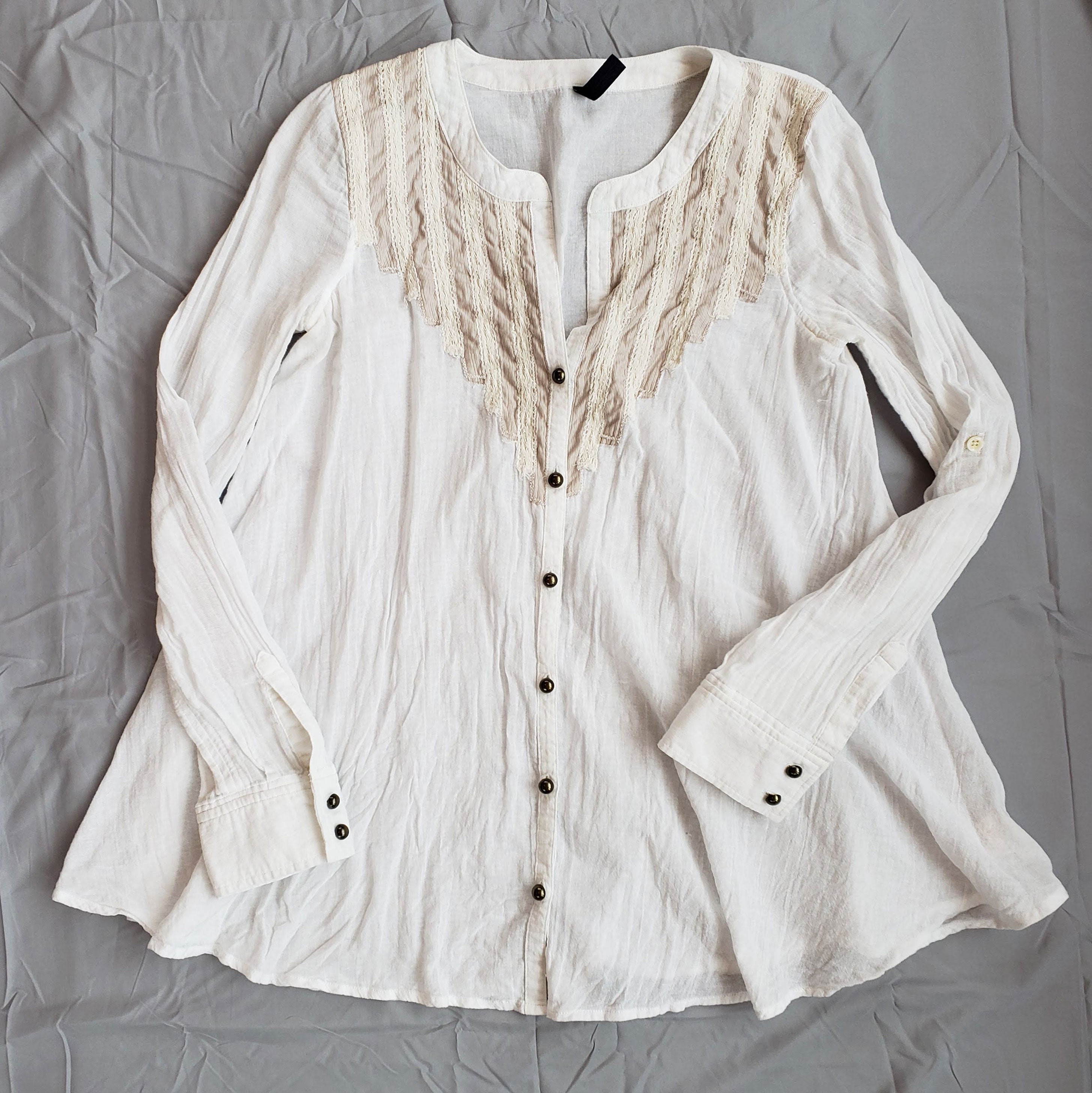 Free People Gauze Lace Trimmed Tunic w/ Brass Buttons