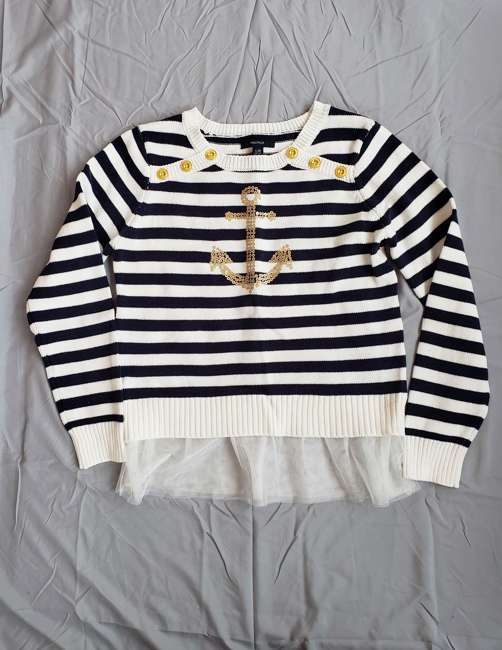 Nautica Anchor Sweater with Tulle Hem - Navy/Cream Striped