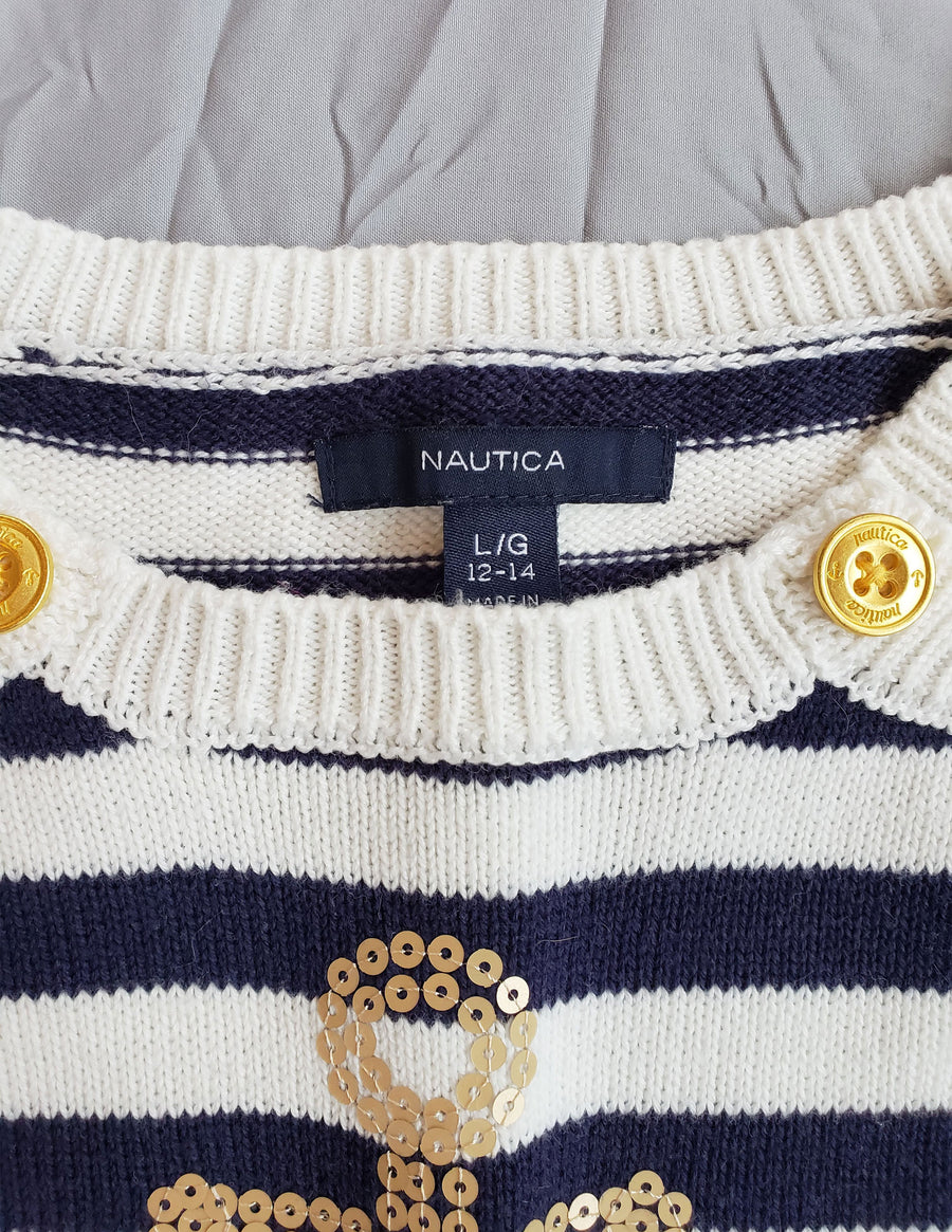 Nautica Anchor Sweater with Tulle Hem - Navy/Cream Striped