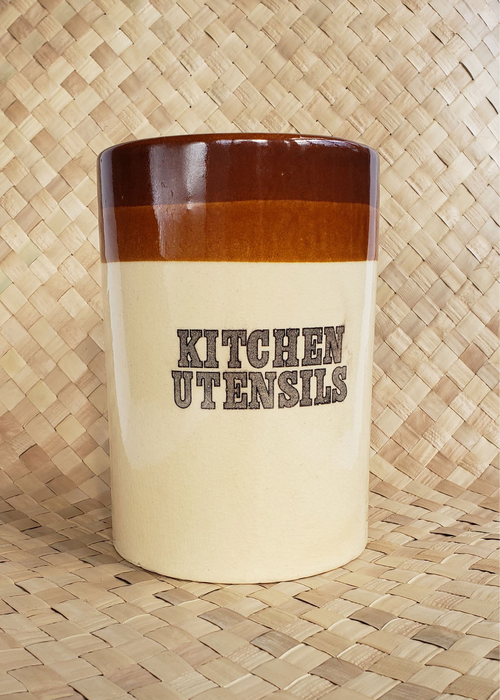 Wine Barrel Design Kitchen Utensil Crock, Vintage Burnt Wood