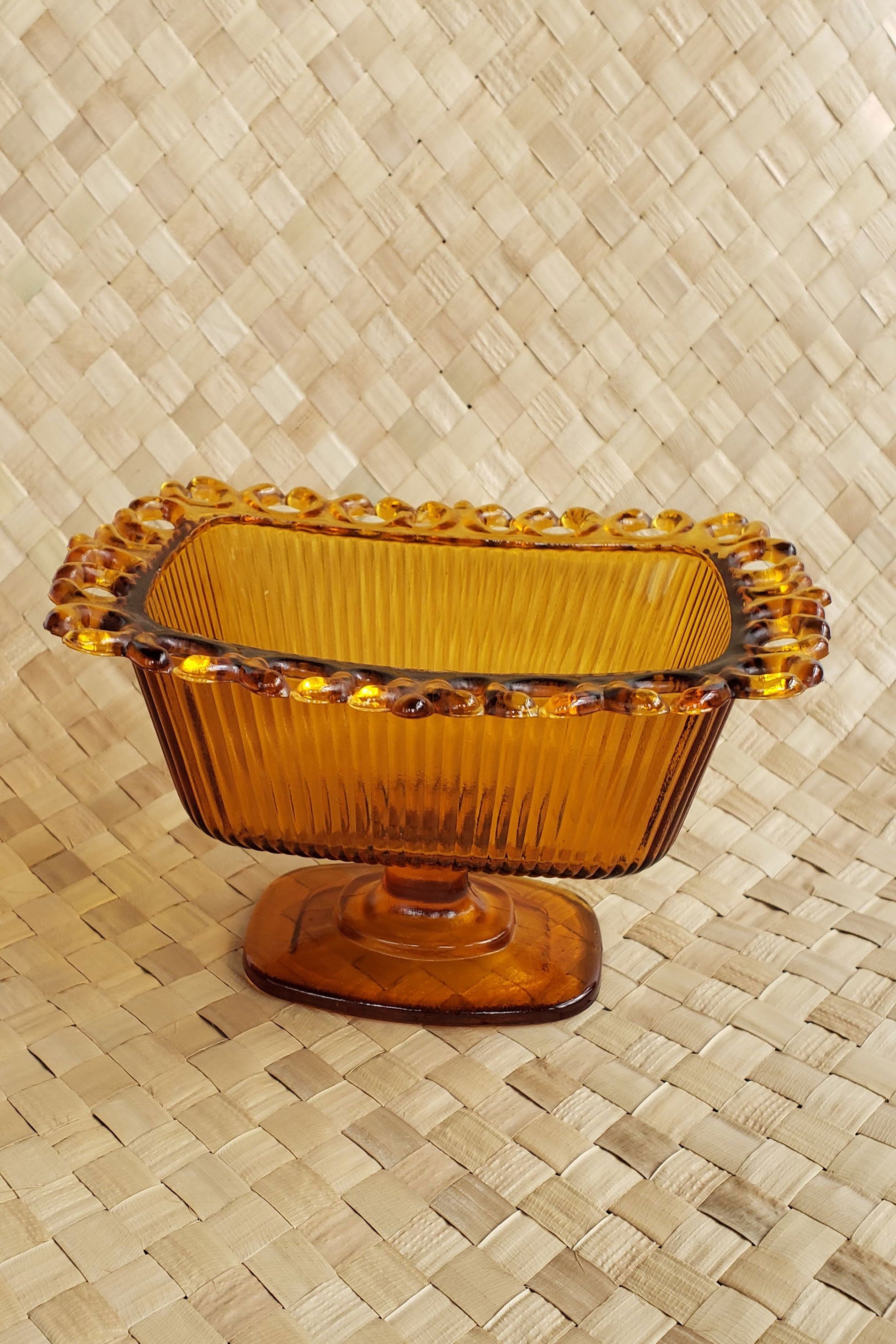 Vintage 1970's Amber Glass Footed Dish
