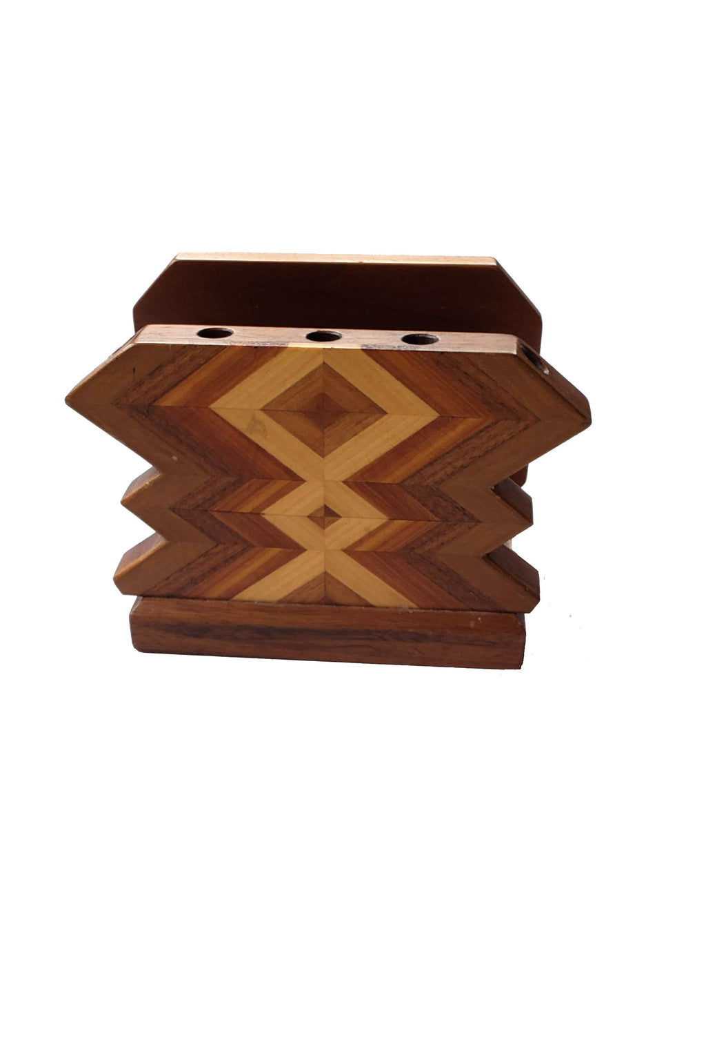 Vintage 70's Diamond Pattern Stained Wood Pen & Paper Holder