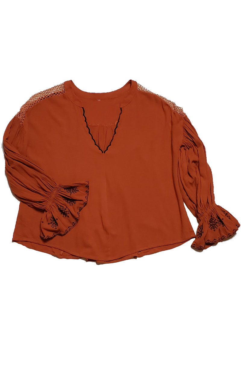 Rust V-Neck Flare Sleeve Mesh Shoulder Blouse