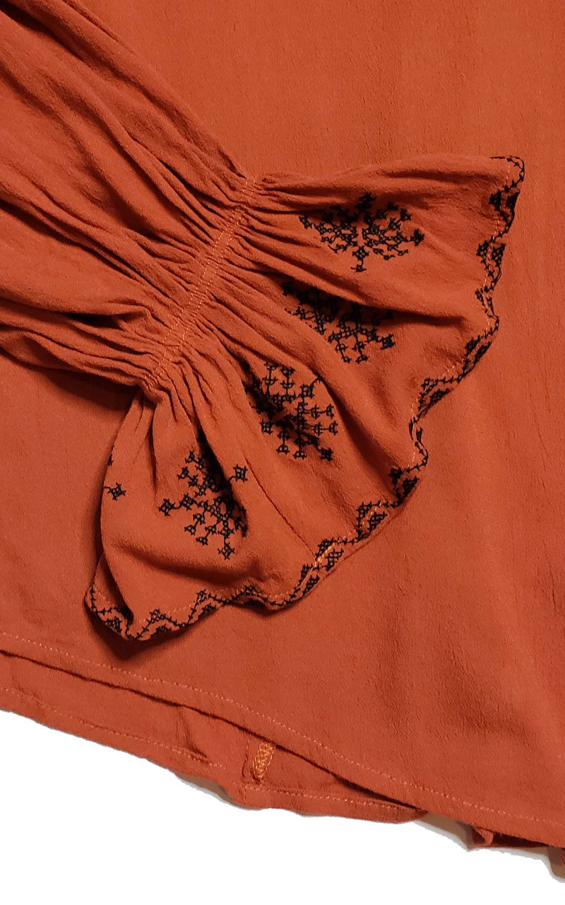 Rust V-Neck Flare Sleeve Mesh Shoulder Blouse