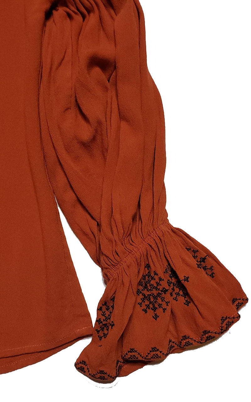 Rust V-Neck Flare Sleeve Mesh Shoulder Blouse