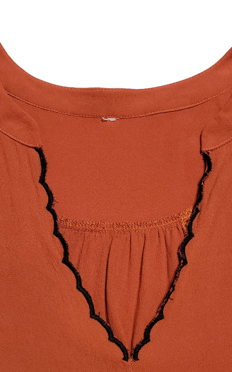 Rust V-Neck Flare Sleeve Mesh Shoulder Blouse