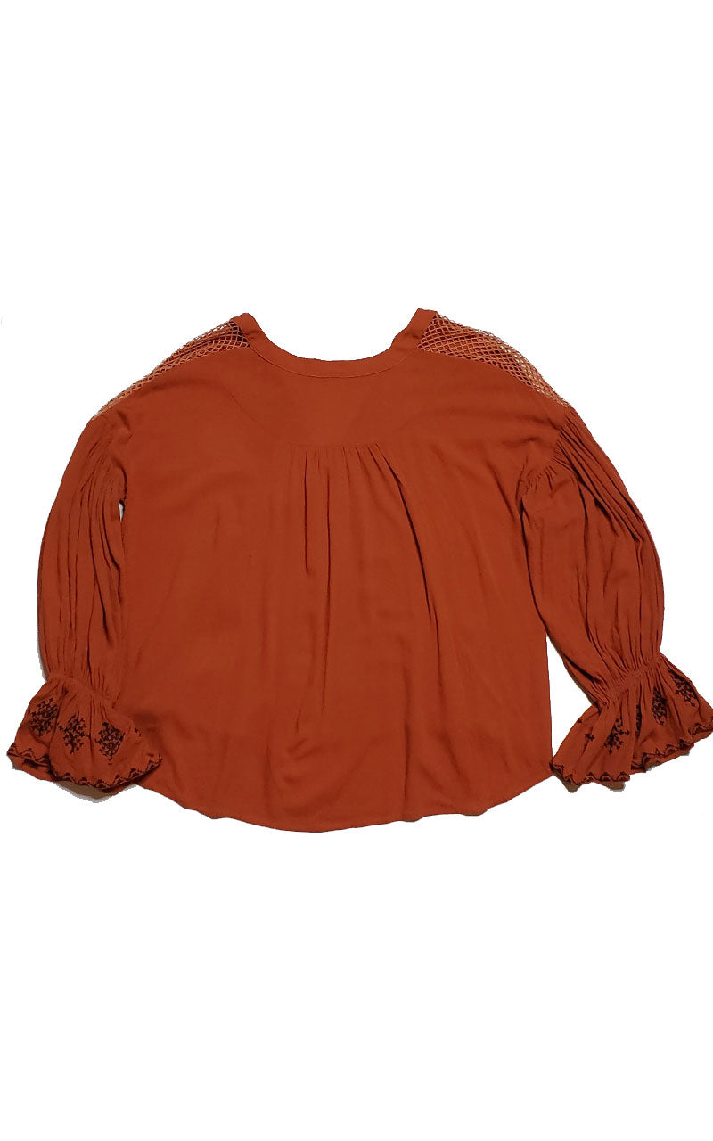 Rust V-Neck Flare Sleeve Mesh Shoulder Blouse