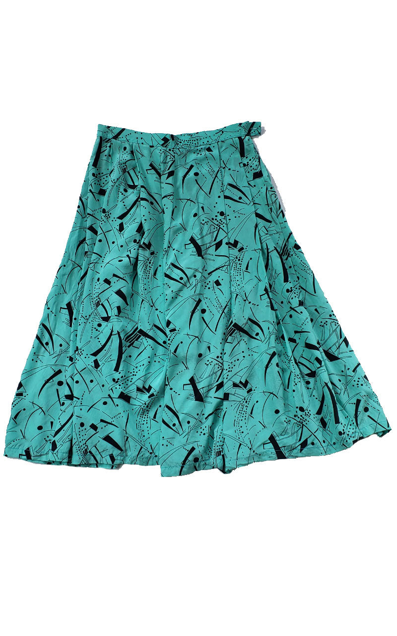 Vintage 80s Mint Green & Black Midi Gathered Skirt
