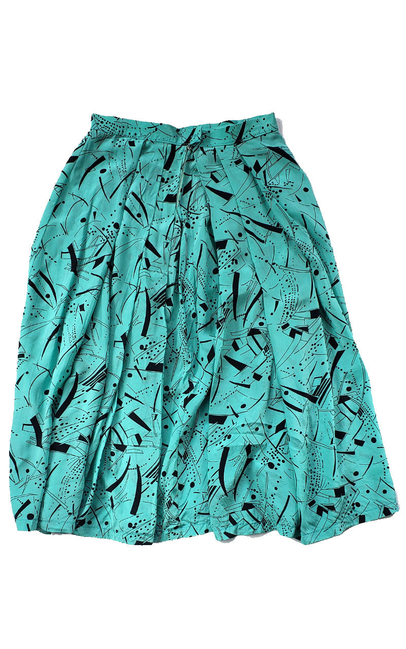 Vintage 80s Mint Green & Black Midi Gathered Skirt