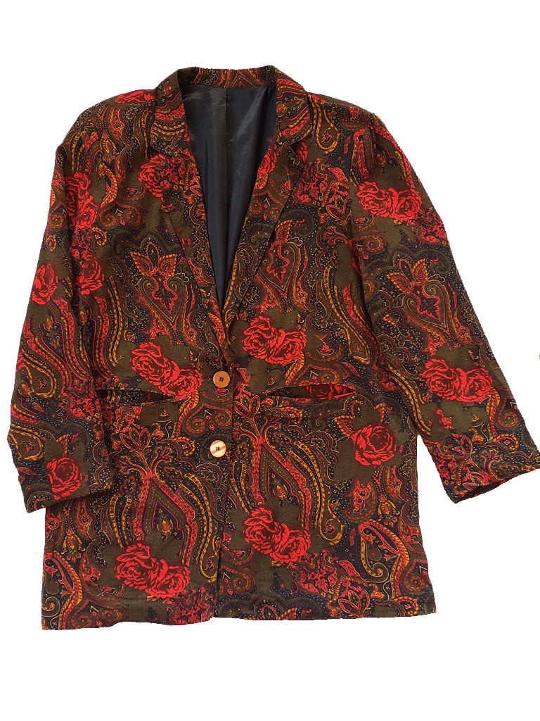 90s Vintage Red Floral Long Blazer
