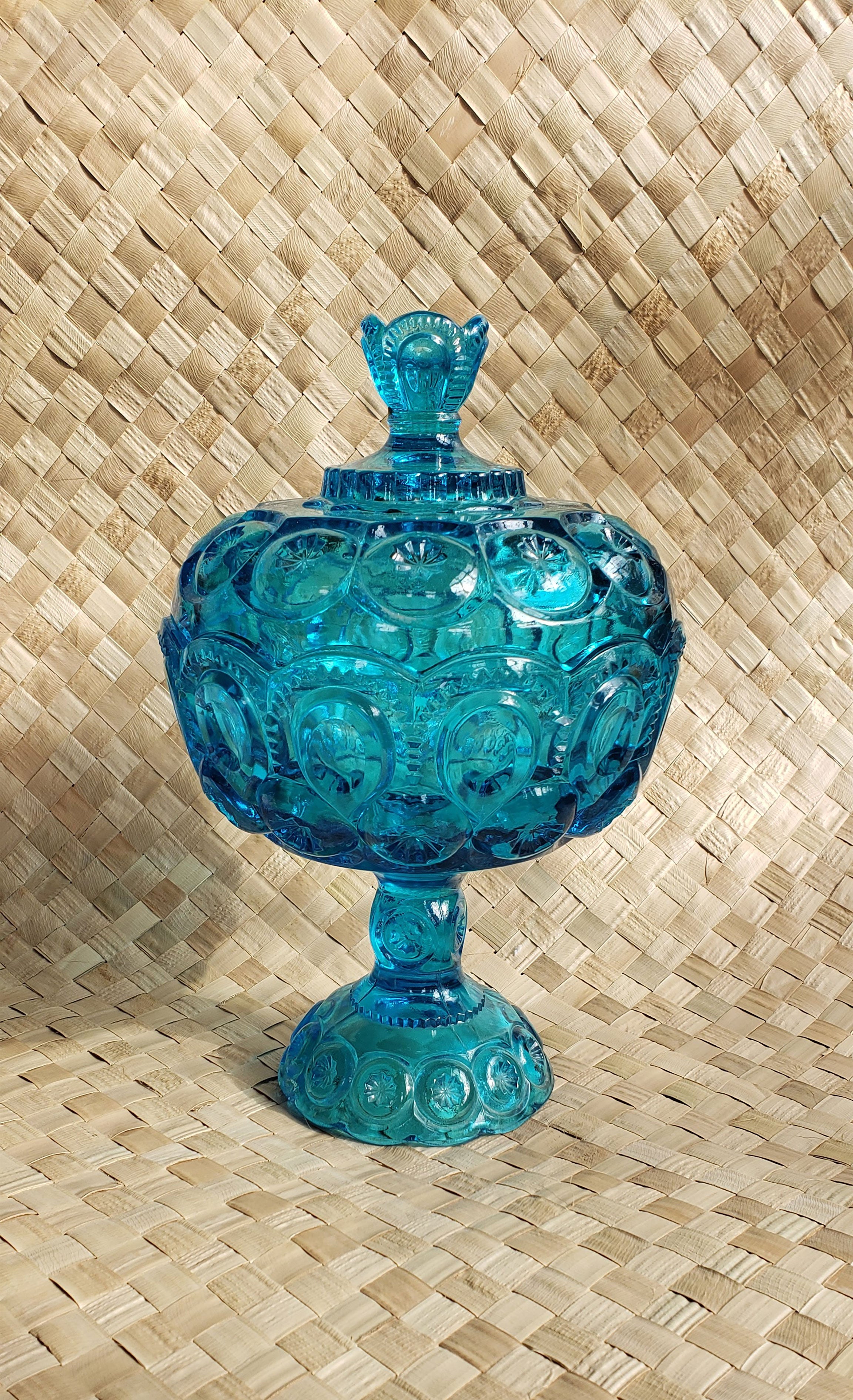 Vintage 70s Teal Covered Footed Candy Bowl