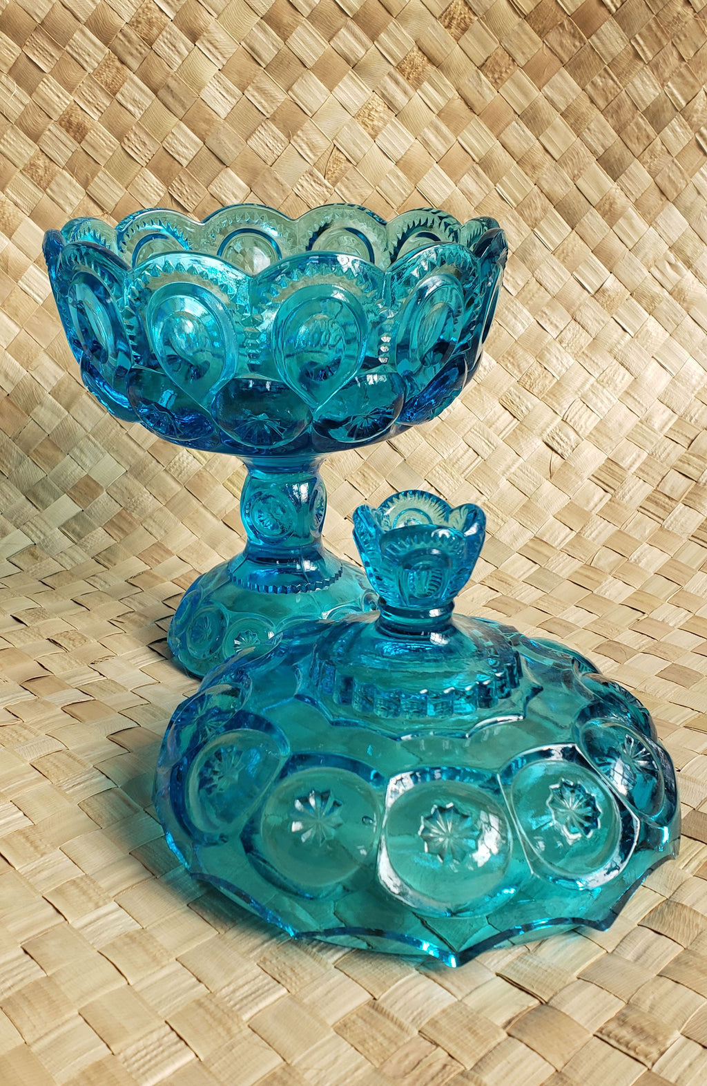 Vintage 70s Teal Covered Footed Candy Bowl