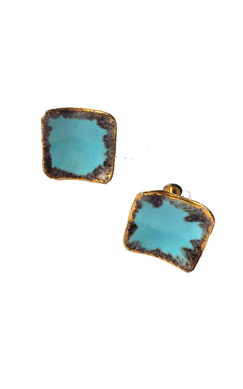 Vintage Teal/Bronze Ceramic Screw Back Earrings