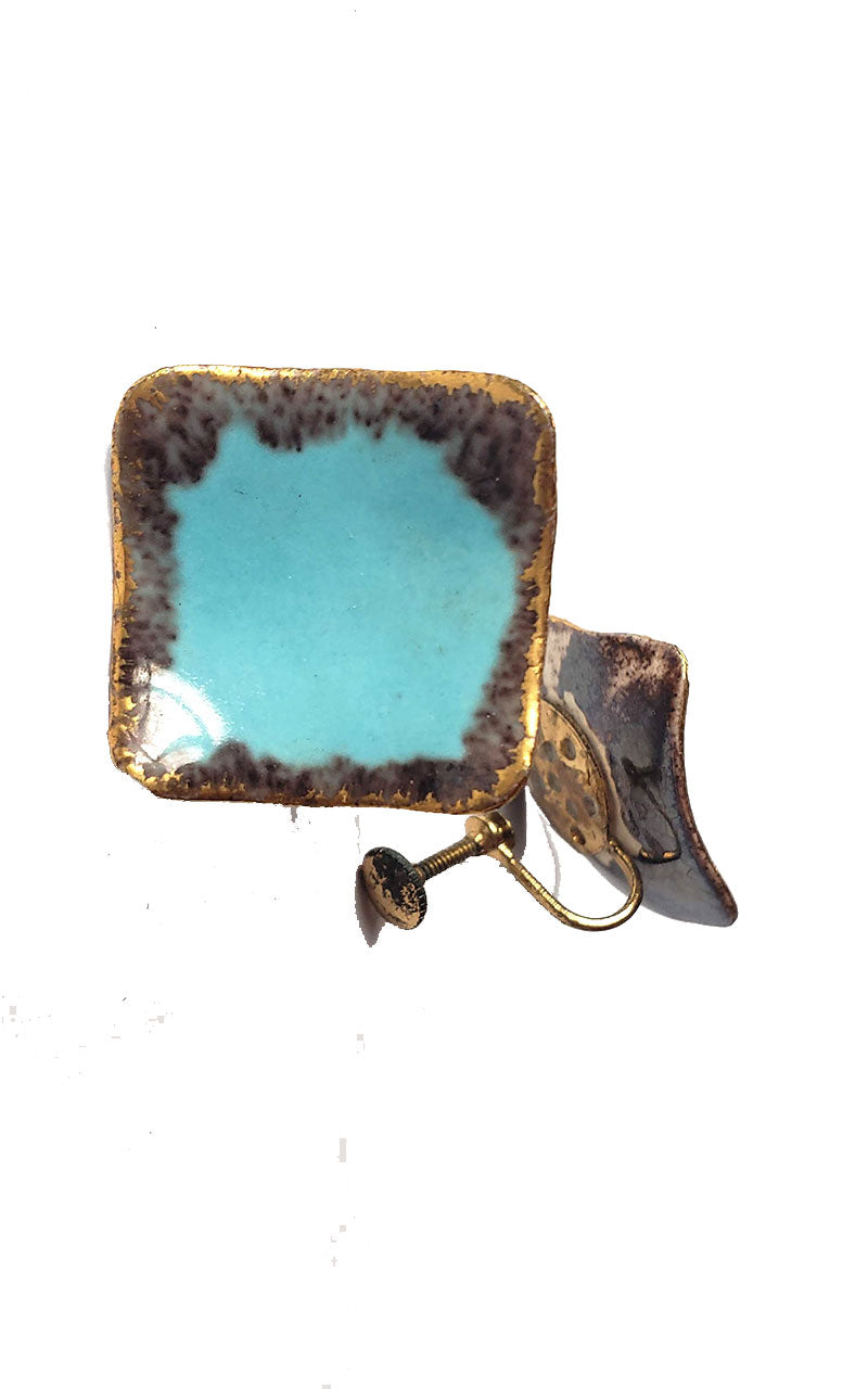 Vintage Teal/Bronze Ceramic Screw Back Earrings
