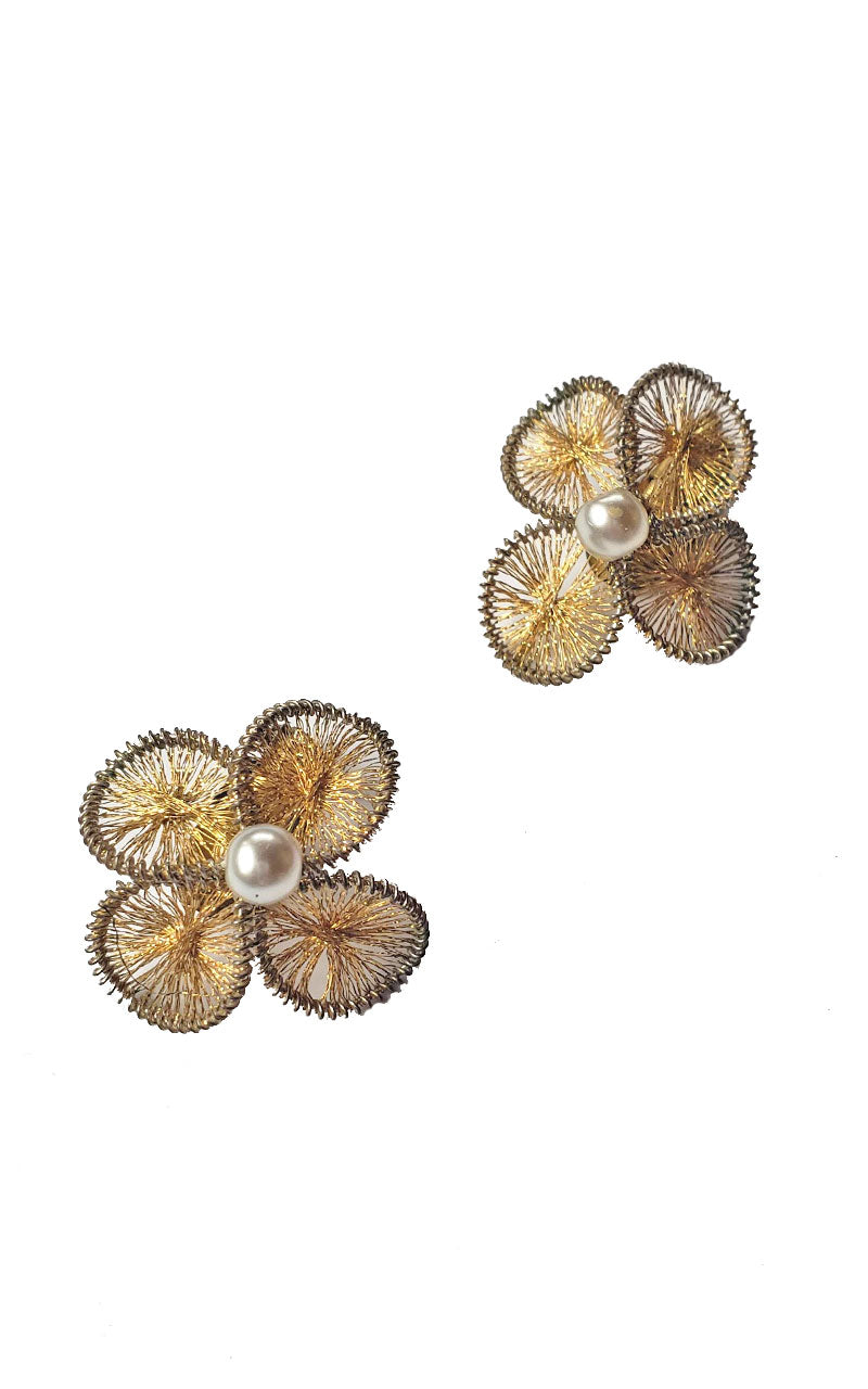 Vintage Woven & Pearl Flower Clip-On Earrings