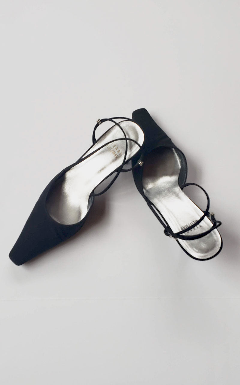 Stuart Weitzman Matte Black Rhinestone Kitten Heeled Slingback Pumps