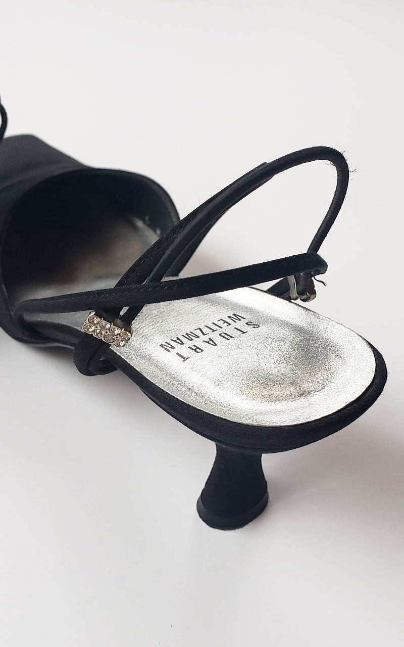 Stuart Weitzman Matte Black Rhinestone Kitten Heeled Slingback Pumps