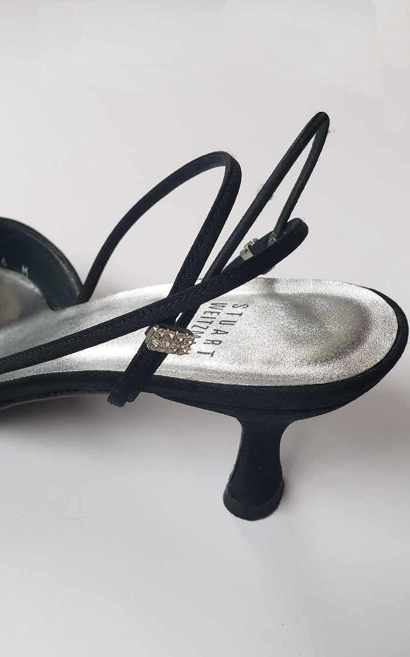 Stuart Weitzman Matte Black Rhinestone Kitten Heeled Slingback Pumps
