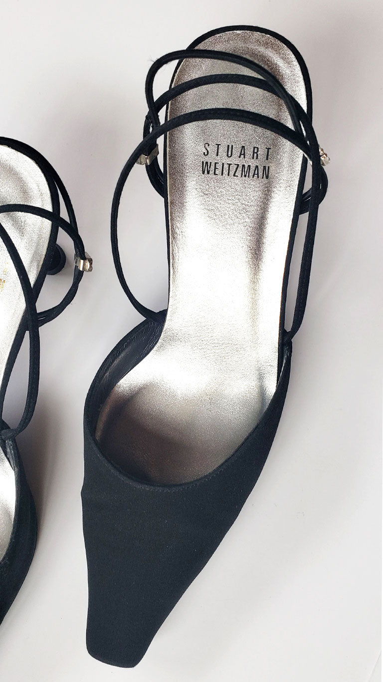 Stuart Weitzman Matte Black Rhinestone Kitten Heeled Slingback Pumps