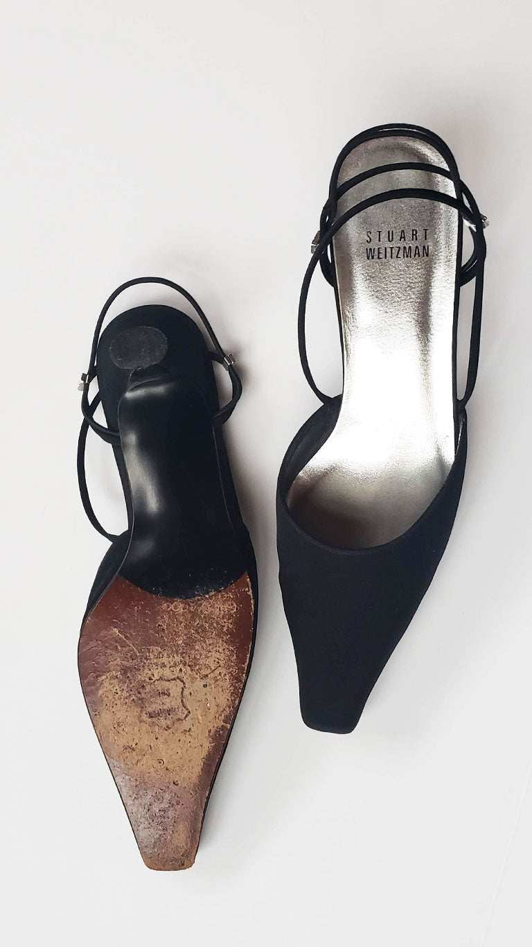 Stuart Weitzman Matte Black Rhinestone Kitten Heeled Slingback Pumps