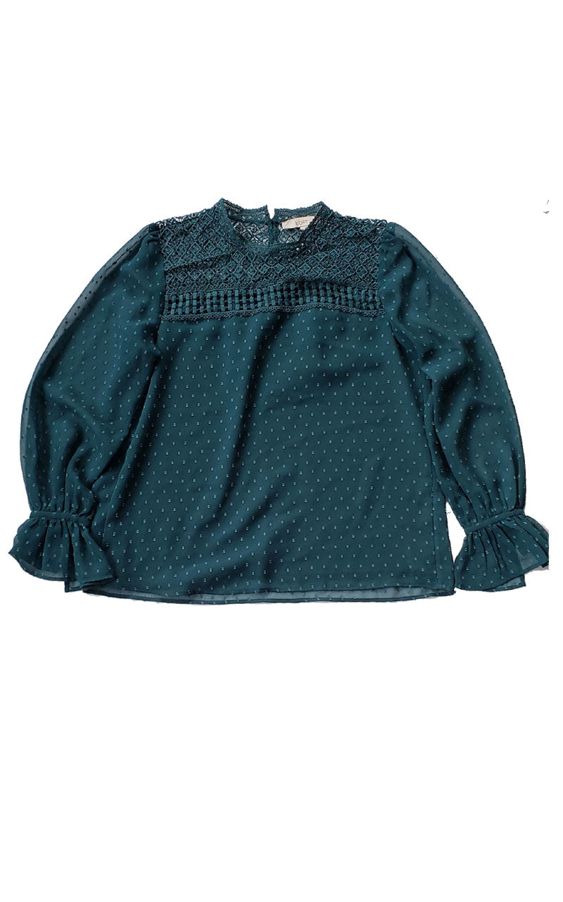 Loft Sheer Dot Ruffle Sleeve Blouse with lace Inset Shoulders - Teal
