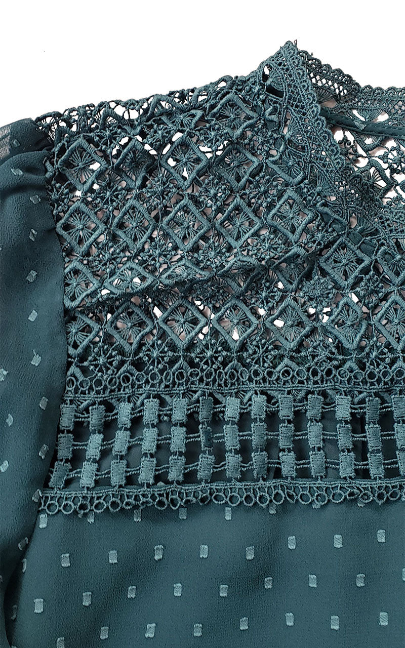 Loft Sheer Dot Ruffle Sleeve Blouse with lace Inset Shoulders - Teal