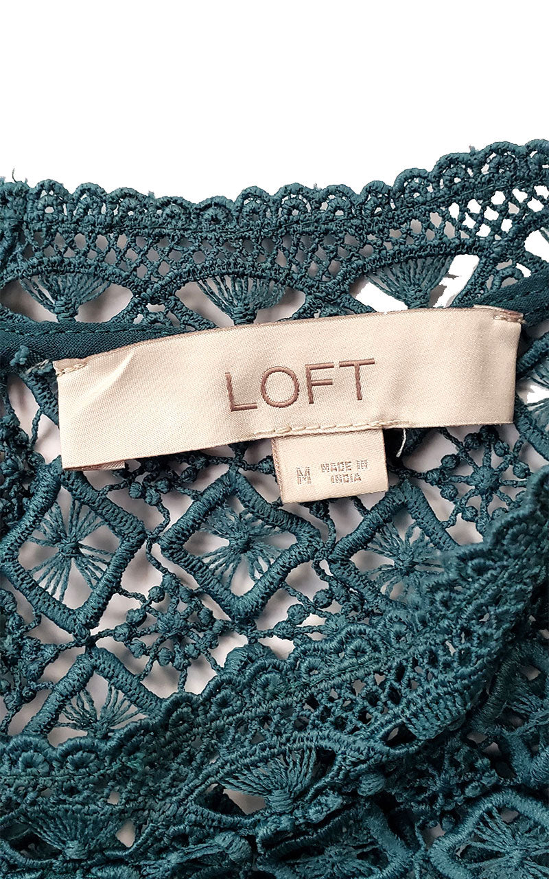 Loft Sheer Dot Ruffle Sleeve Blouse with lace Inset Shoulders - Teal