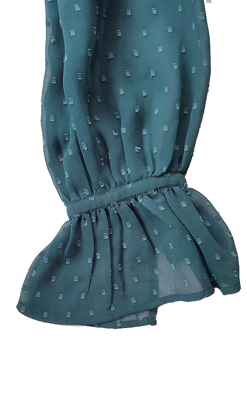 Loft Sheer Dot Ruffle Sleeve Blouse with lace Inset Shoulders - Teal
