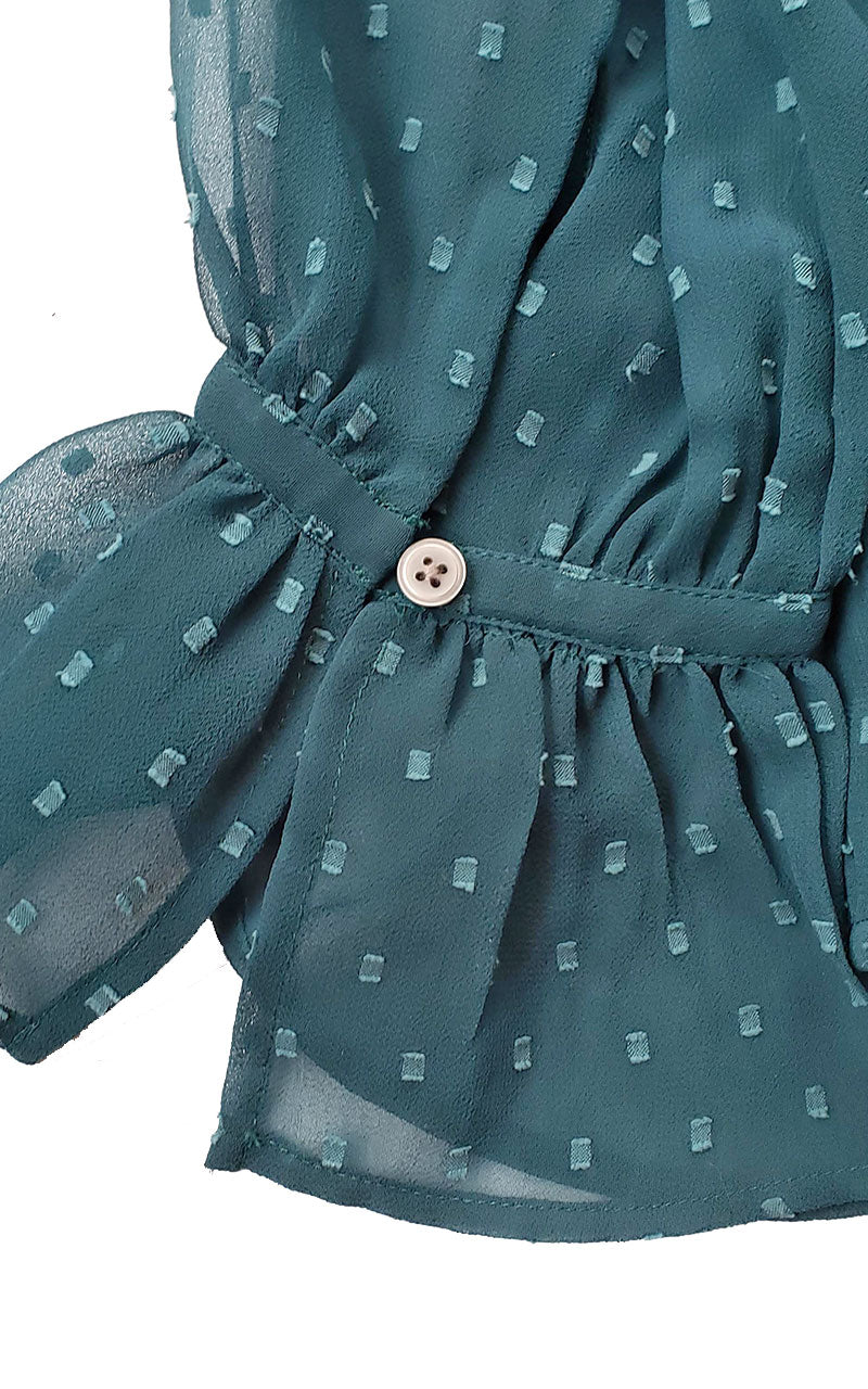 Loft Sheer Dot Ruffle Sleeve Blouse with lace Inset Shoulders - Teal
