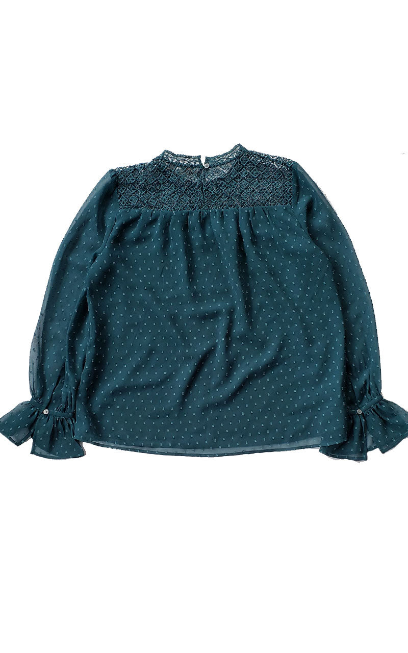 Loft Sheer Dot Ruffle Sleeve Blouse with lace Inset Shoulders - Teal