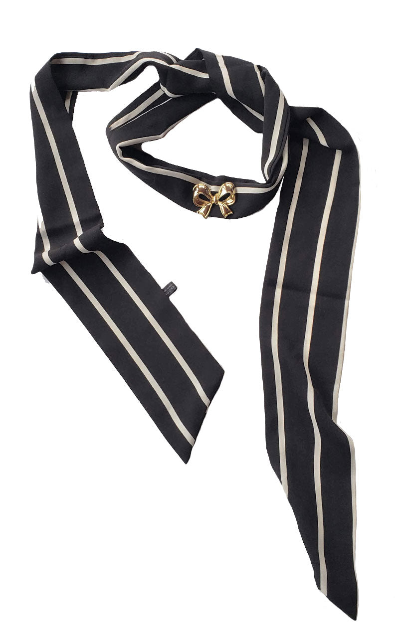 Black & White Striped Skinny Neck Tie w/Vintage Brooch