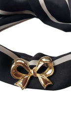 Black & White Striped Skinny Neck Tie w/Vintage Brooch